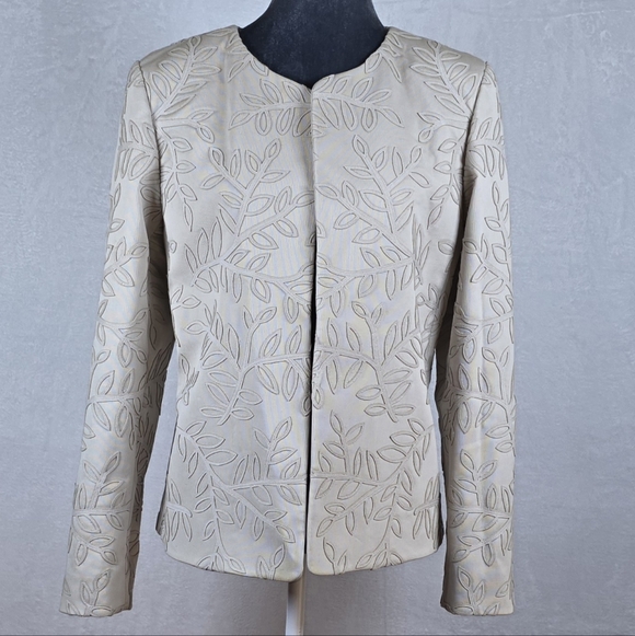 Linda Allard Ellen Tracy Suede Leaf Applique Jacket Sz.10 Open Front Blazer